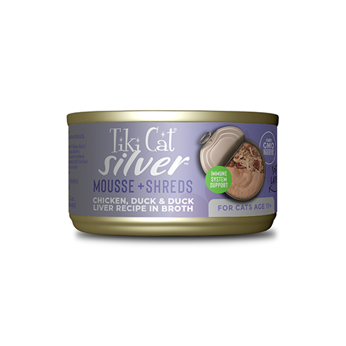 TIKI CAT® SILVER™ MOUSSE + SHREDS CHICKEN, DUCK & DUCK LIVER RECIPE IN BROTH