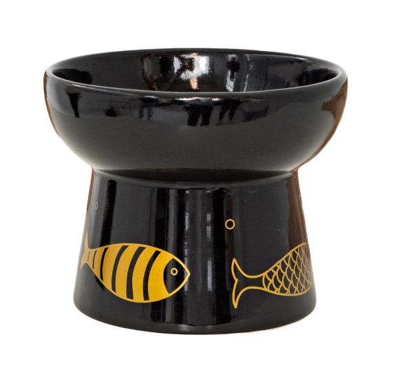 Dexypaws Raised Ceramic Cat Bowl, Black with Gold Fish